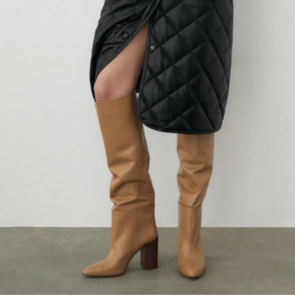 NEW ZARA Leather Knee High Heeled Camel Boots 38 Size 7.5 - Picture 7 of 10